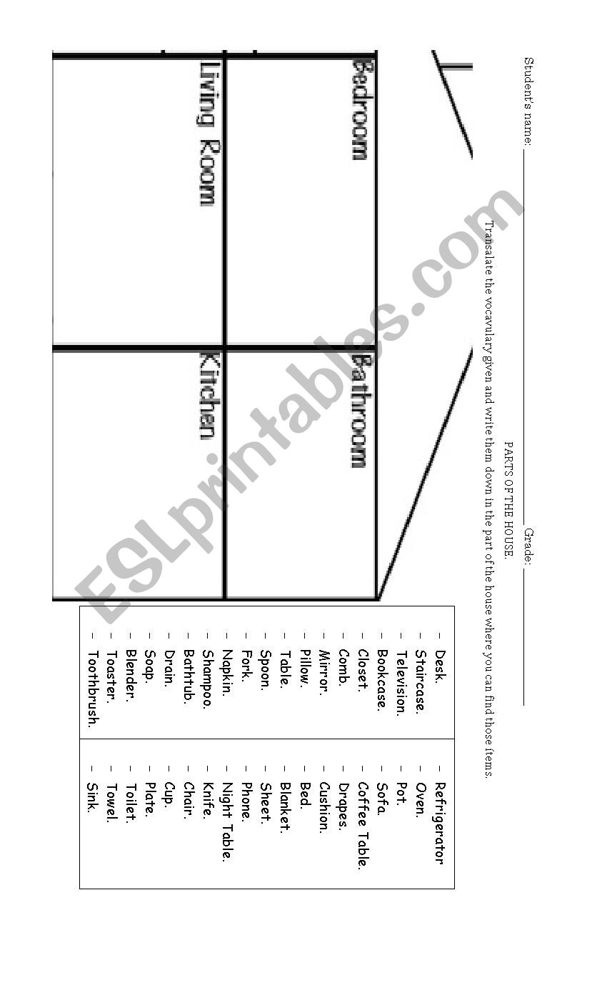 Parts of the house worksheet