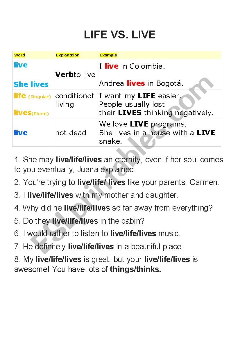 LIVE VS LIVE worksheet