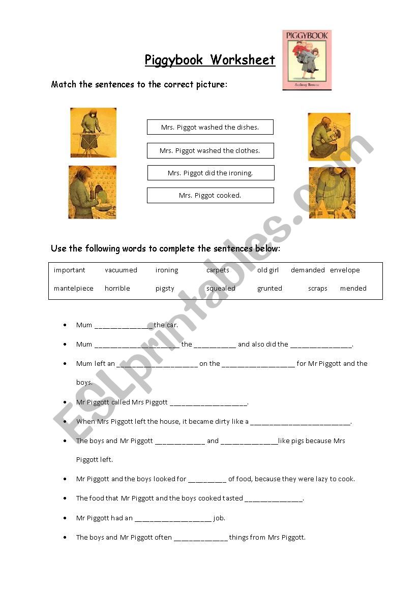 Piggybook by Anthony Browne worksheet