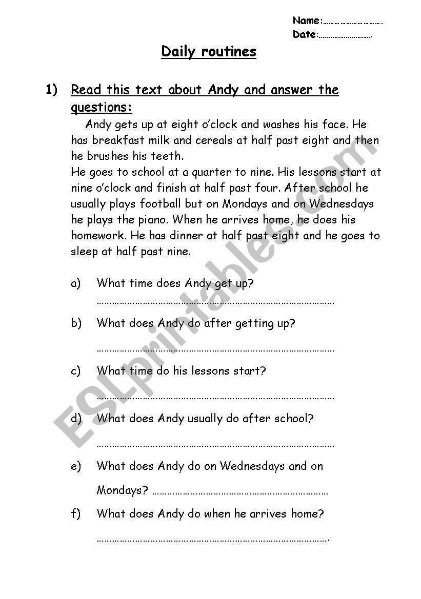 Daily routines worksheet