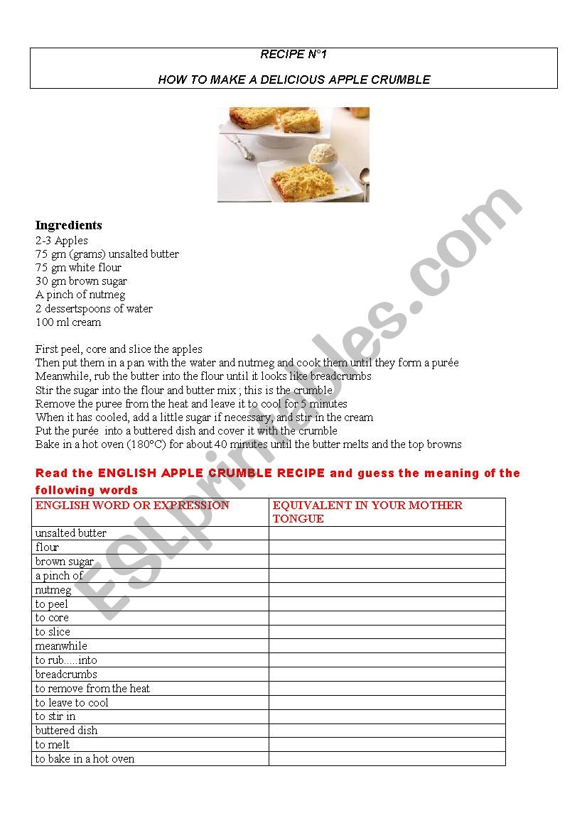 APPLE CRUMBLE RECIPE worksheet