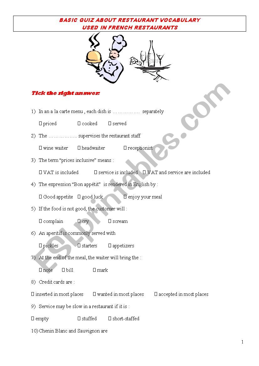 QUIZ RESTAURANT VOCABULARY worksheet