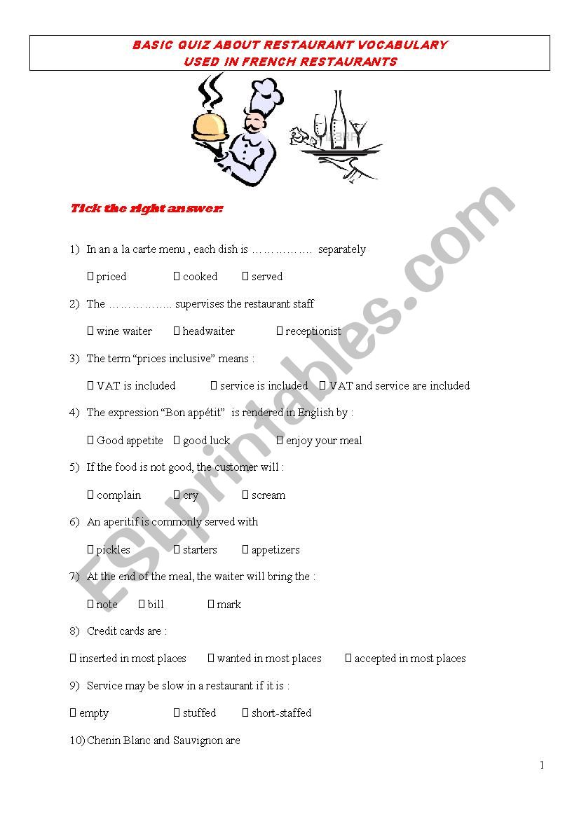 QUIZ RESTAURANT VOCABULARY worksheet