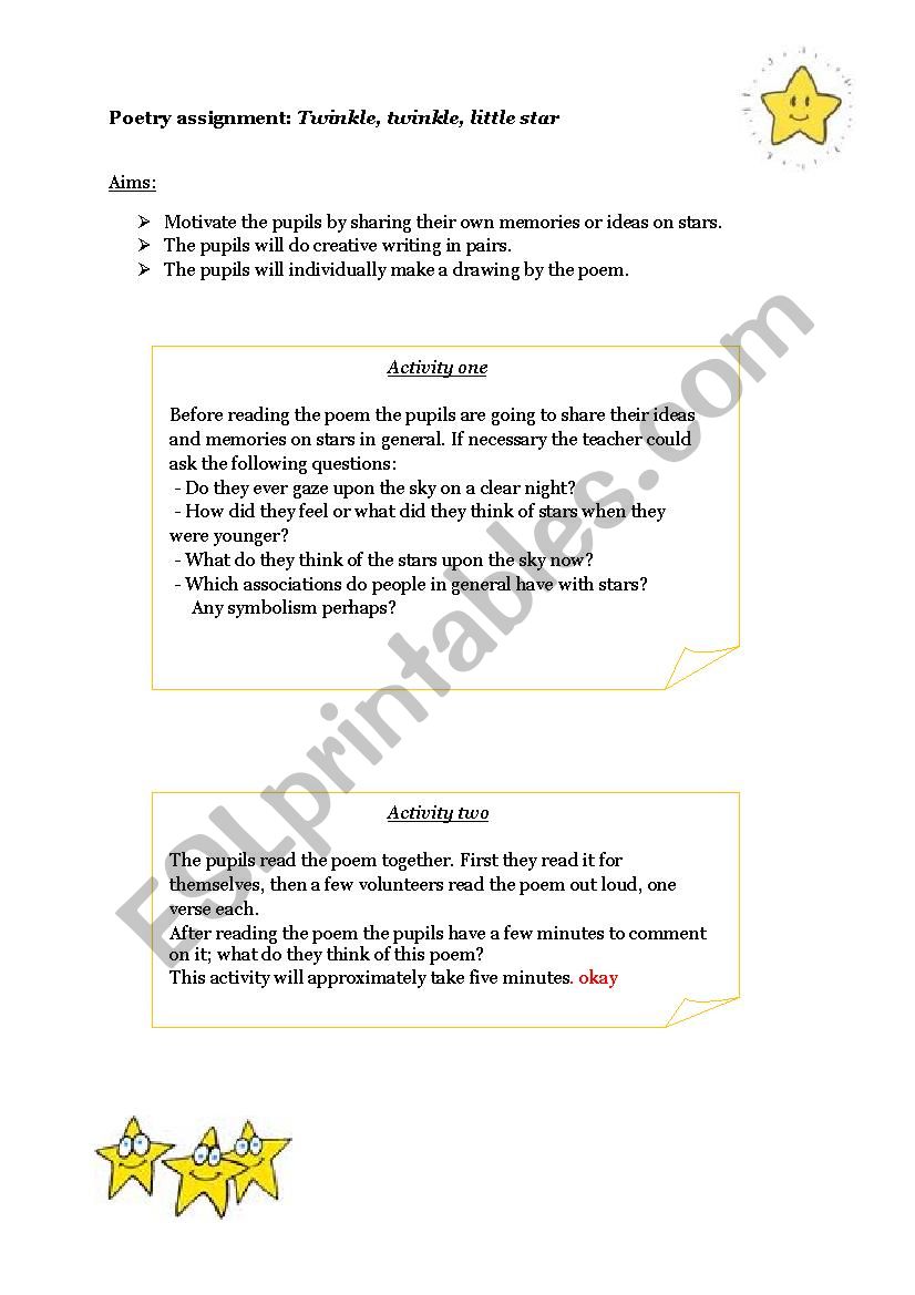 Poetry assignment stars worksheet