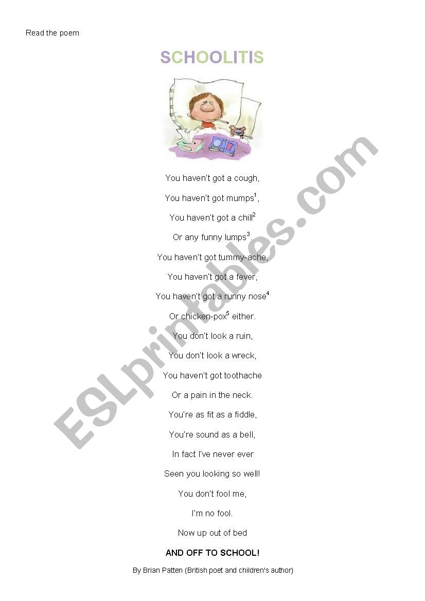 Poem - Schoolitis worksheet