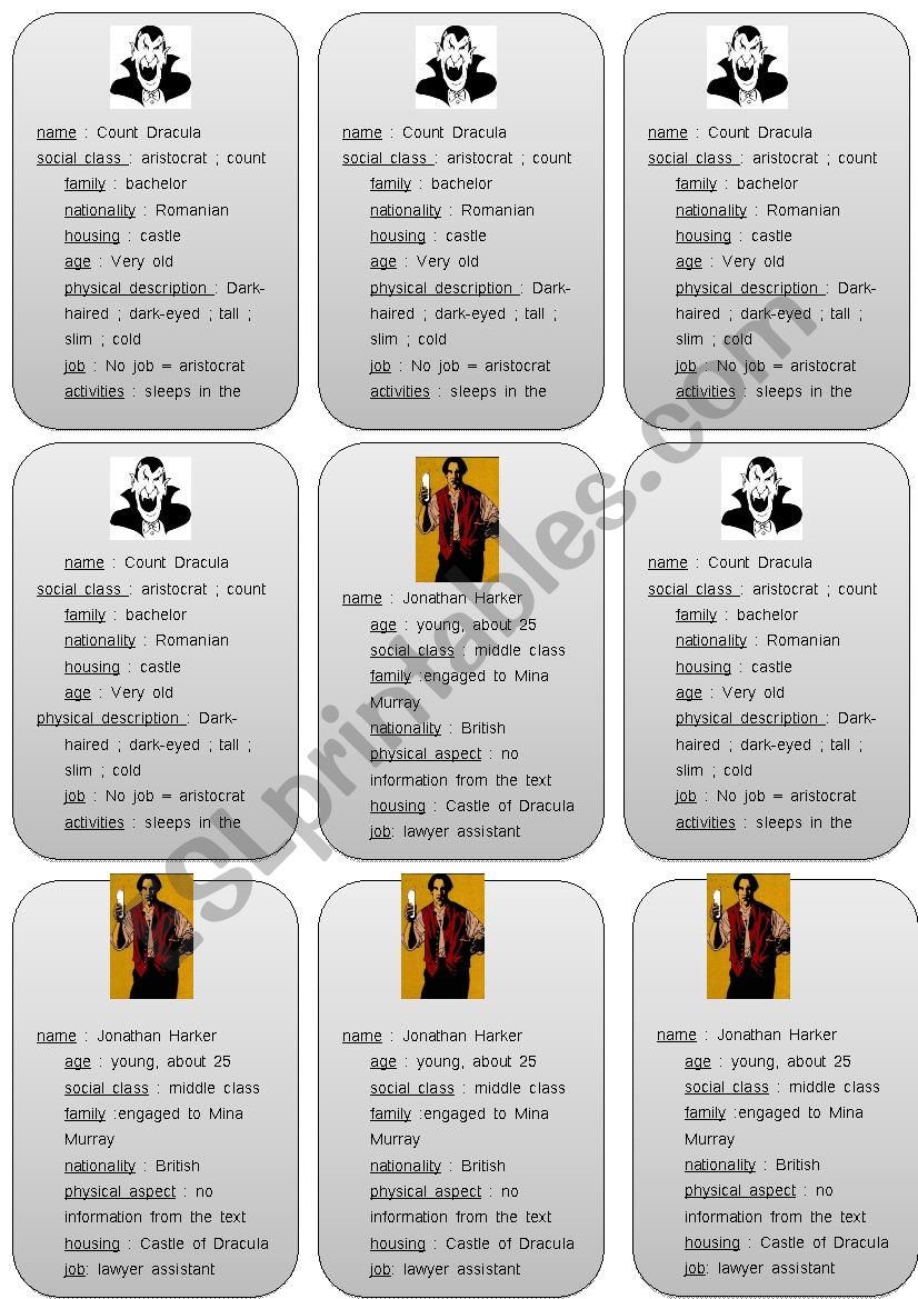 Dracula ID cards worksheet