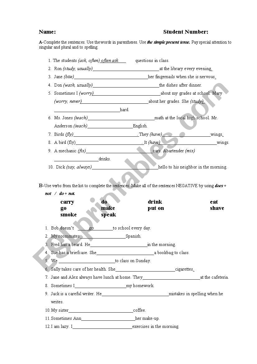 simple present tense  worksheet