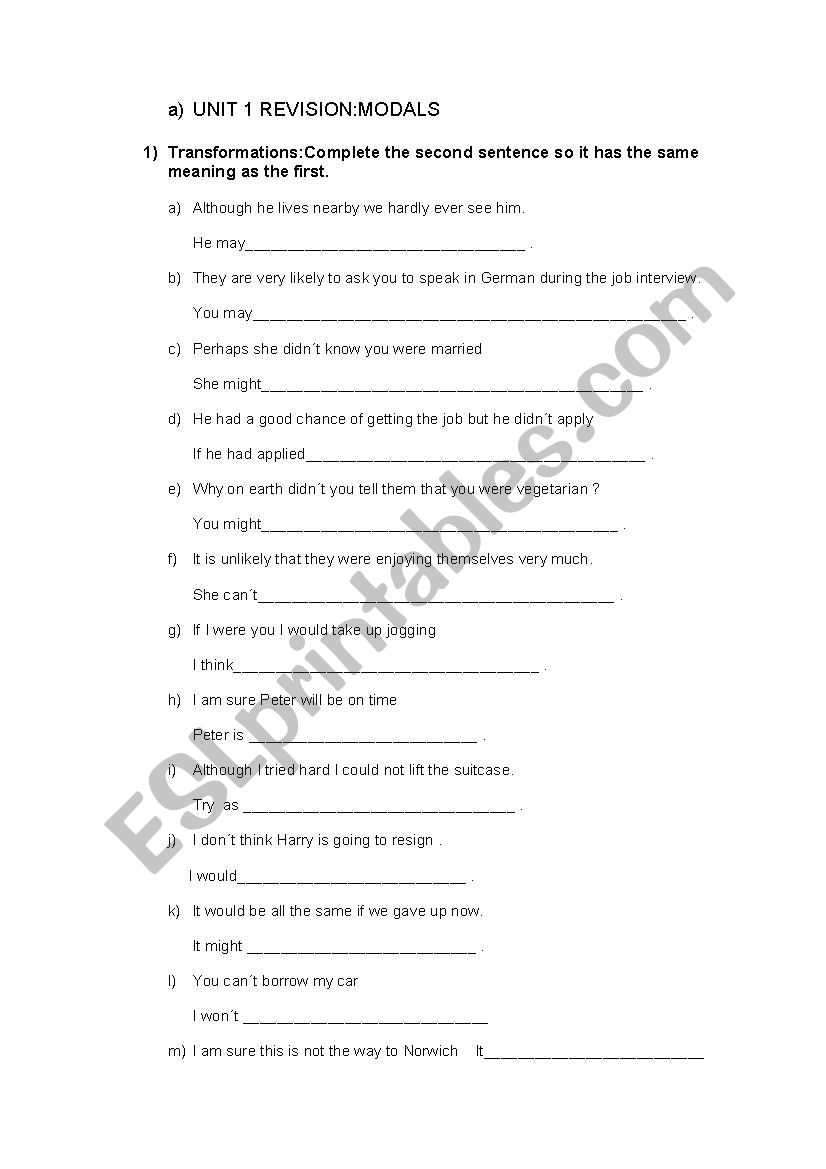 Modals Revision for CAE worksheet