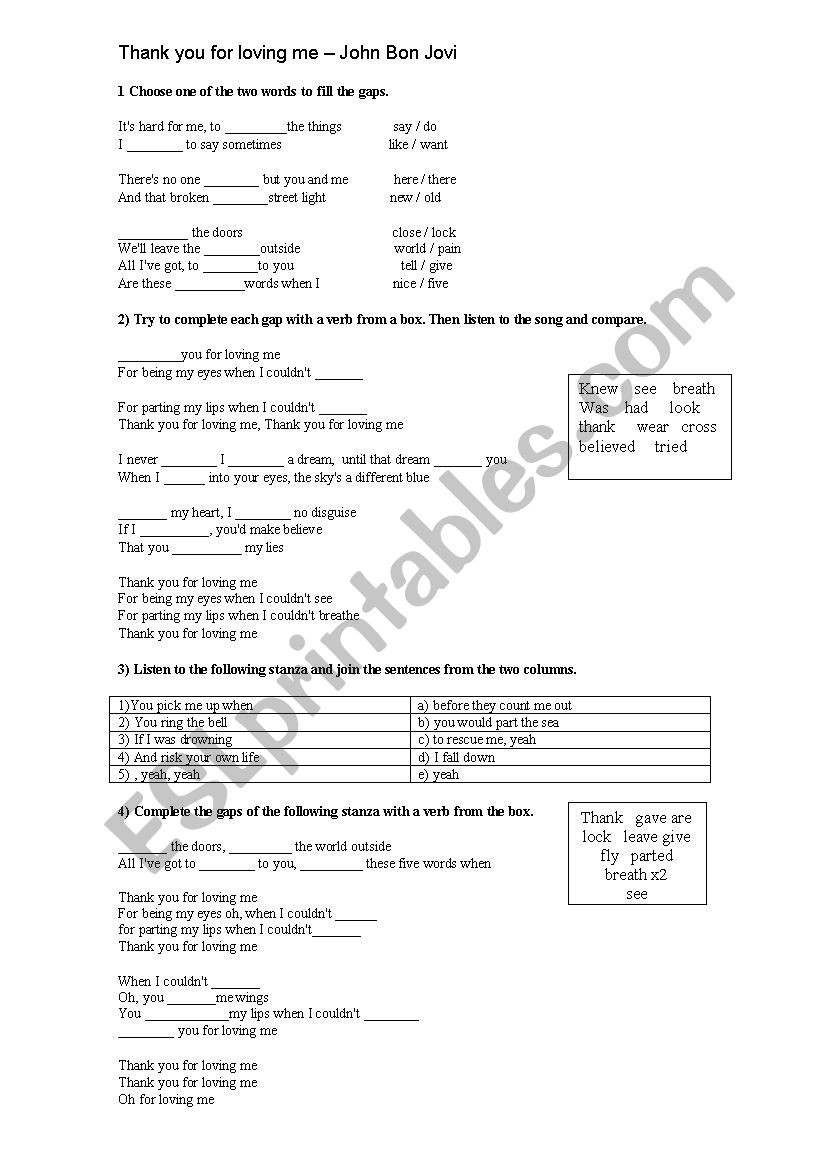 Thank You For Loving Me worksheet