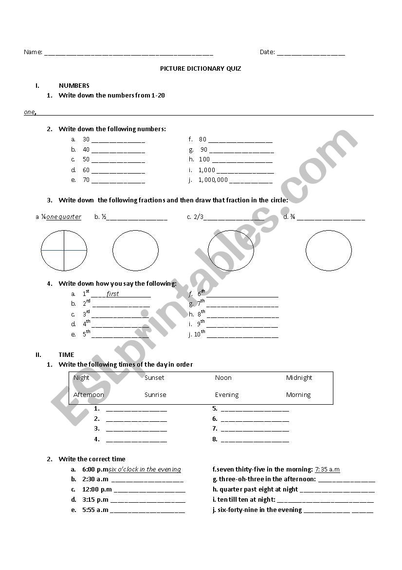 Numbers, Time and Calendar worksheet