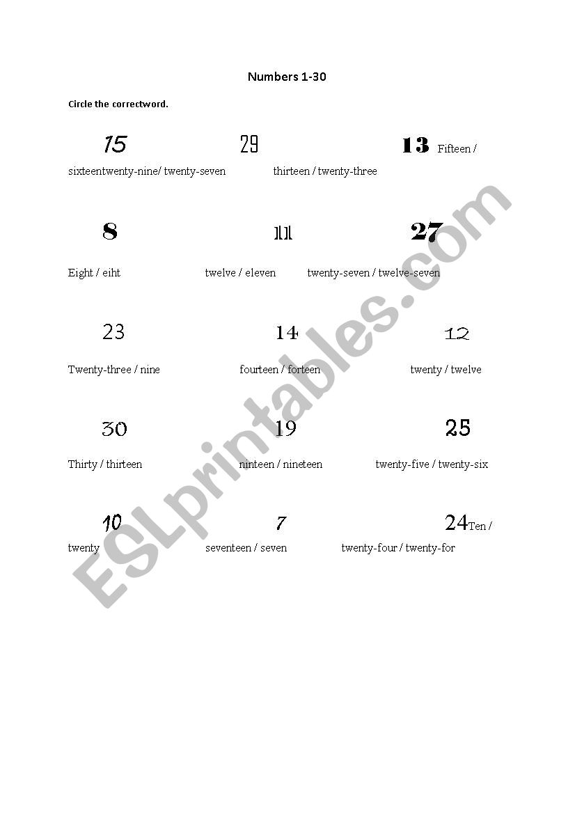 Numbers 1-30 worksheet