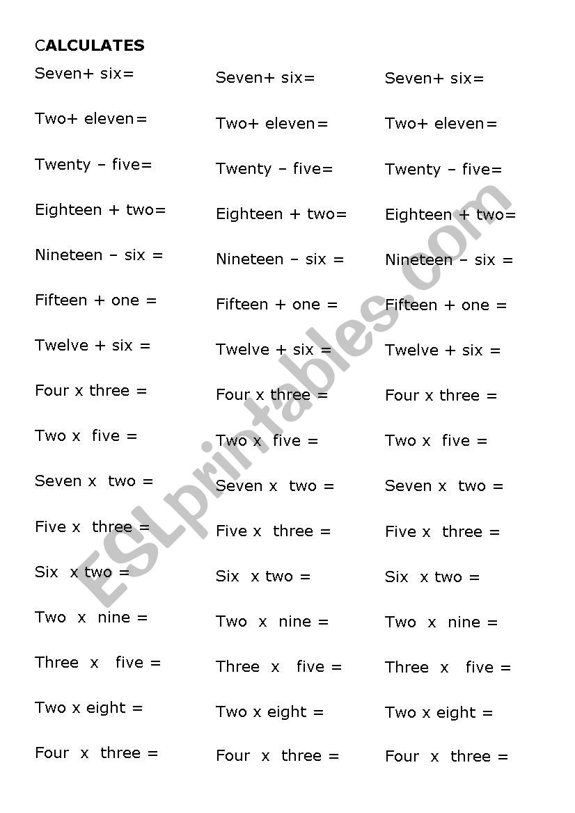 read and calculates (1-20) worksheet