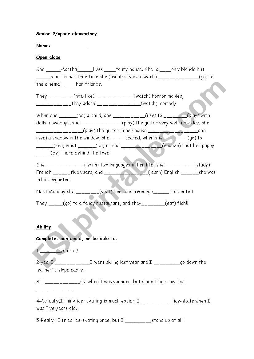 senior 2 -upper elementary worksheet