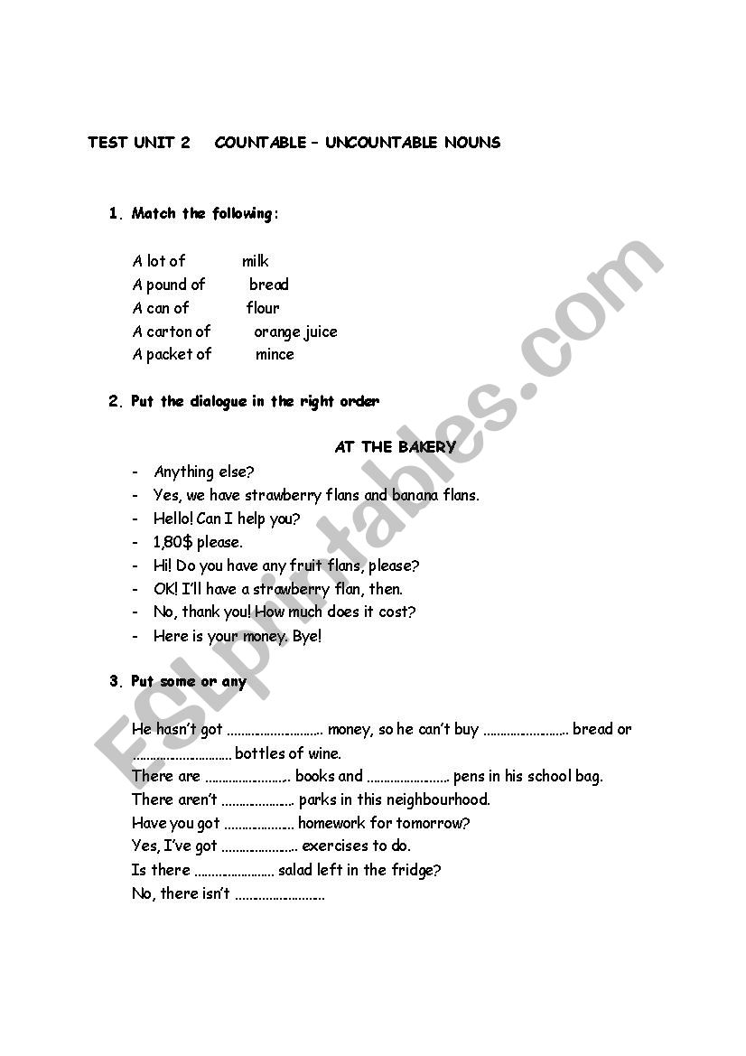 Test on countable uncountable nouns