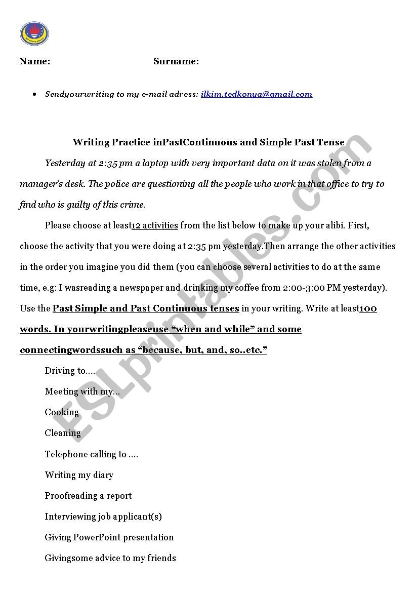 pastContinuous writing task  worksheet