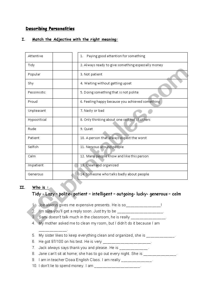 Describing personalities  worksheet