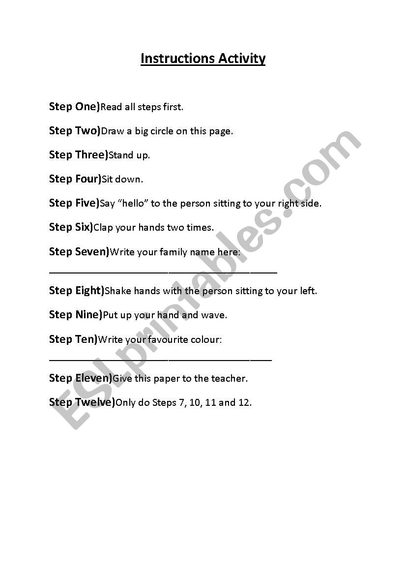 Instructions activity worksheet
