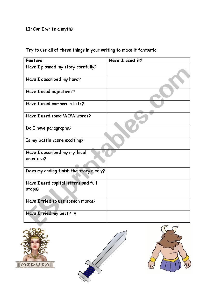Myth writing checklist worksheet