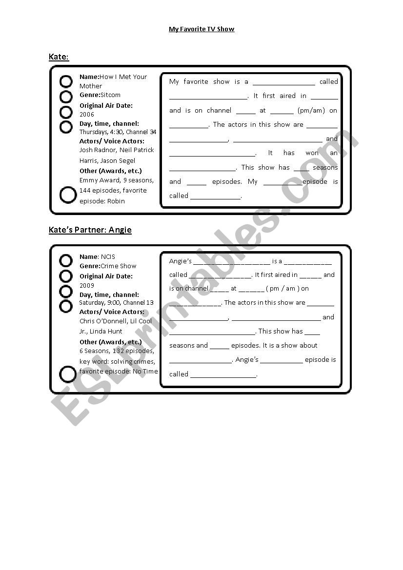 My favorite TV show worksheet