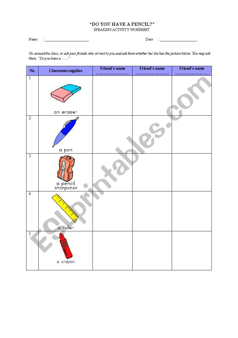 Classroom Supplies Speaking Activity