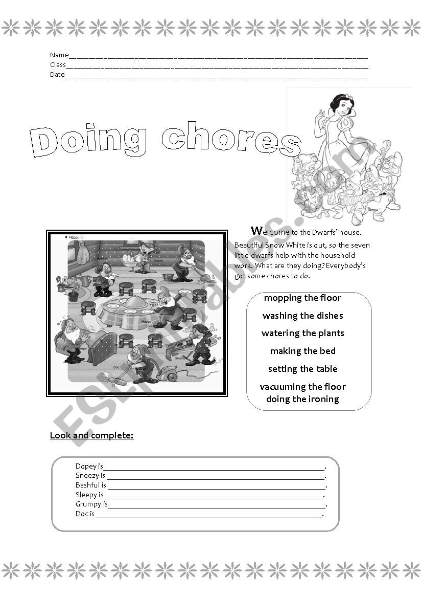Dwarfs  and their chores worksheet