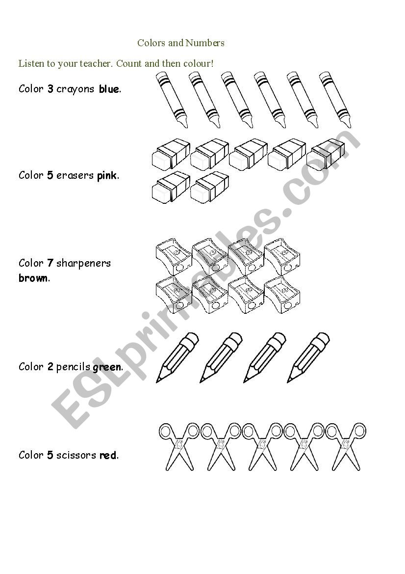 Numbers-Colors-School Objects worksheet