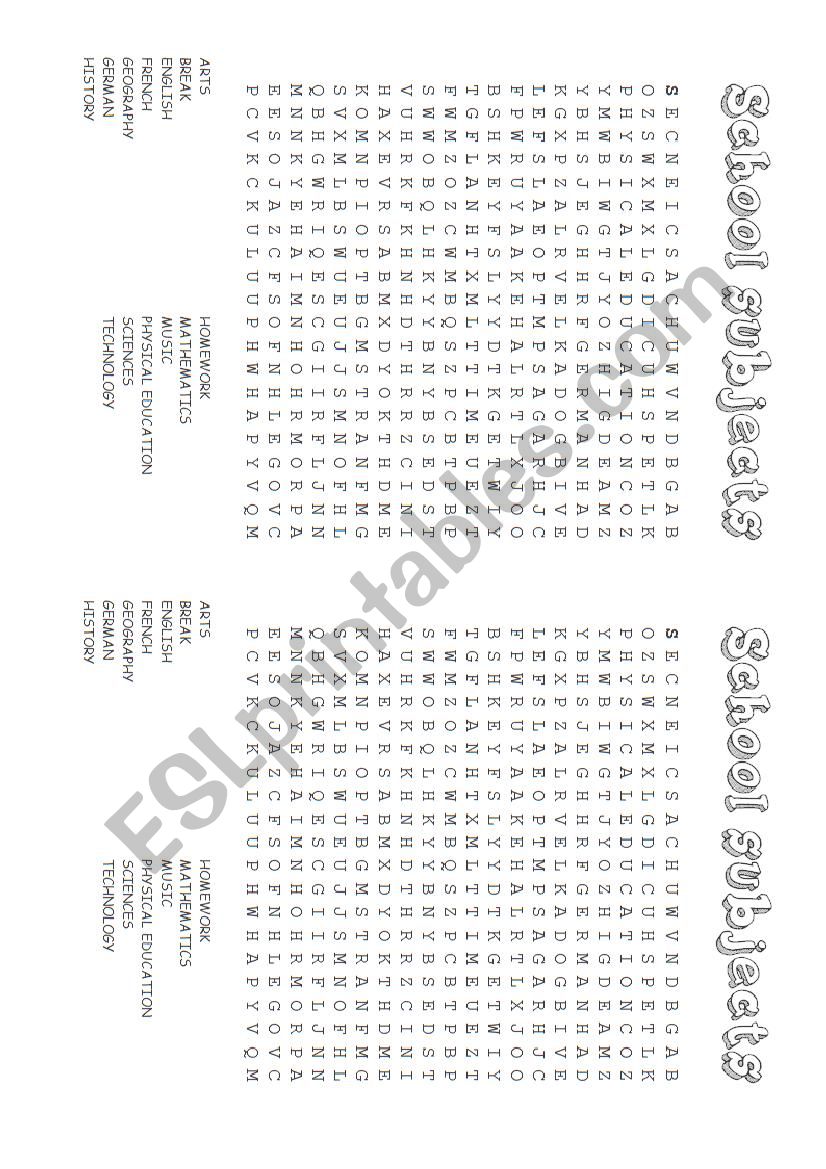 Wordsearch School Subjects worksheet