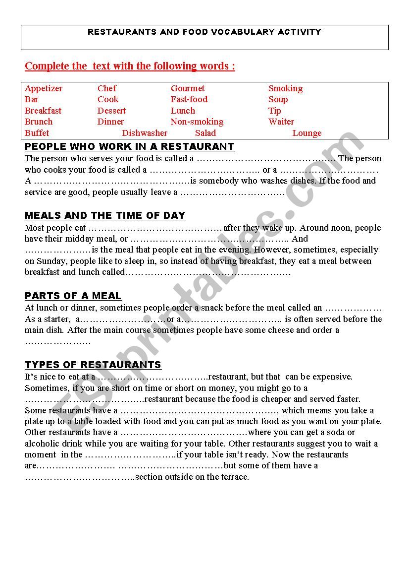 RESTAURANT WORKSHEET worksheet