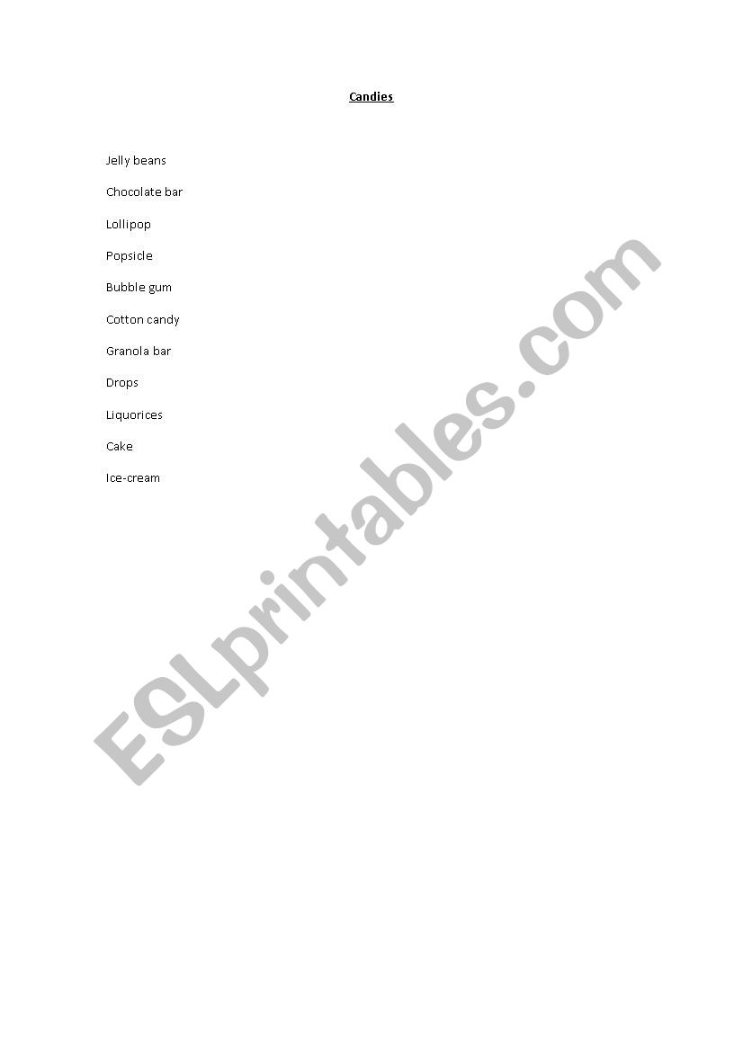 Candies List worksheet