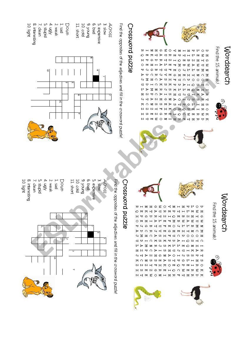 Animals_wordsearch and crossword puzzle