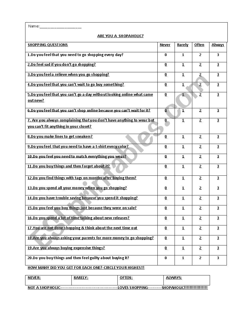 Shopping questionnaire worksheet