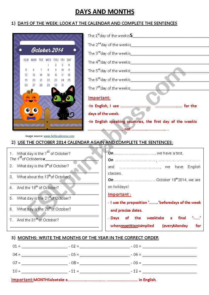 Days and months worksheet