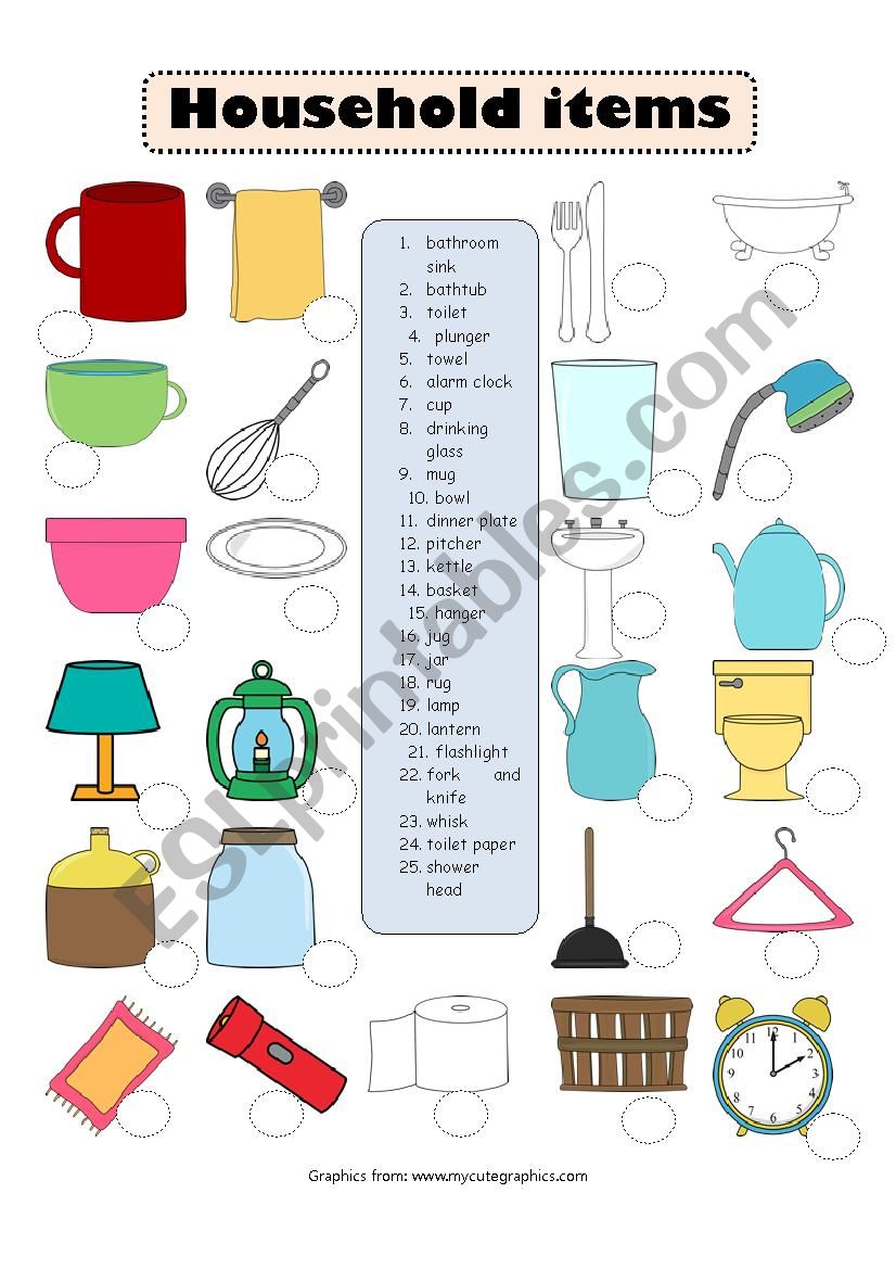 Household items worksheet