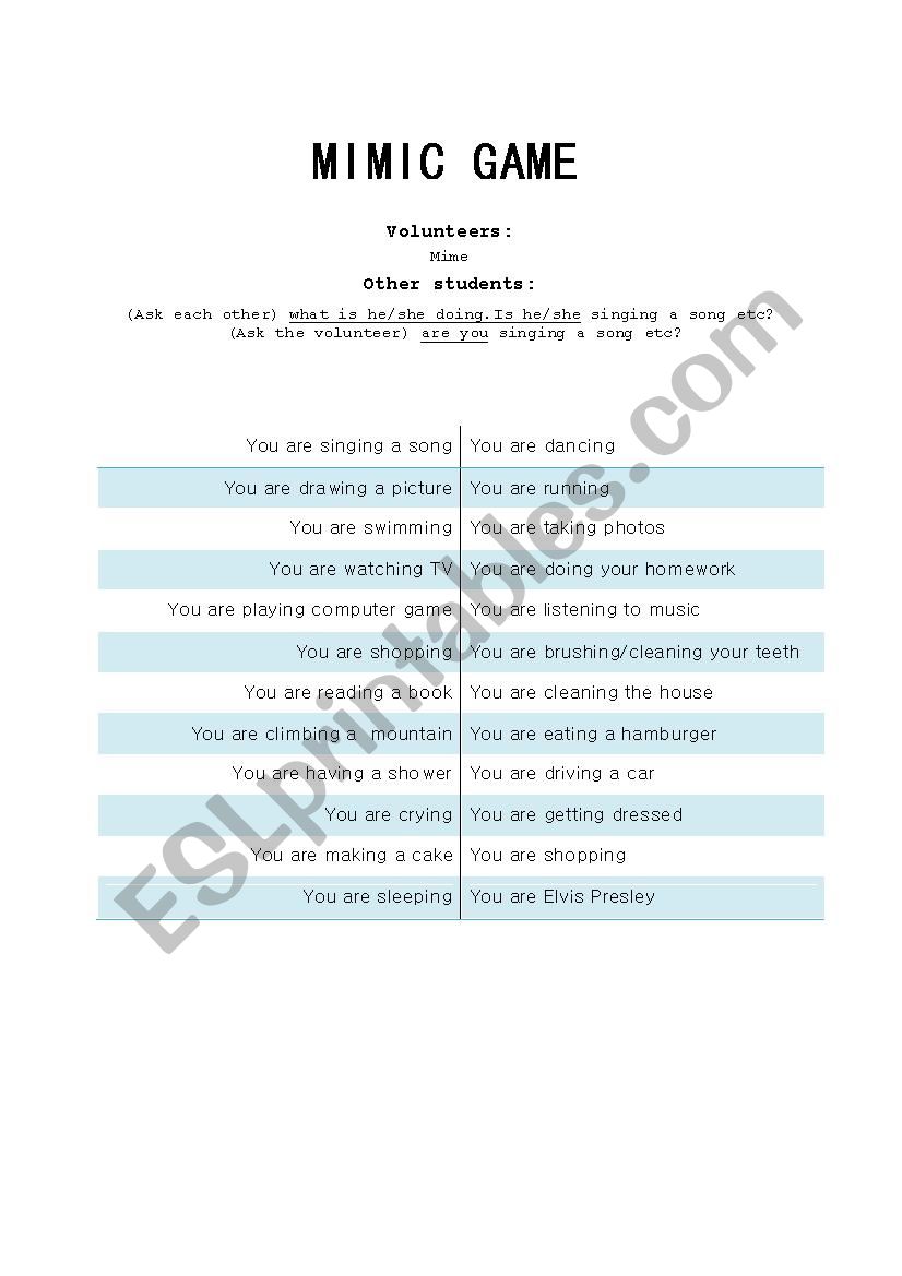 Mimic game worksheet