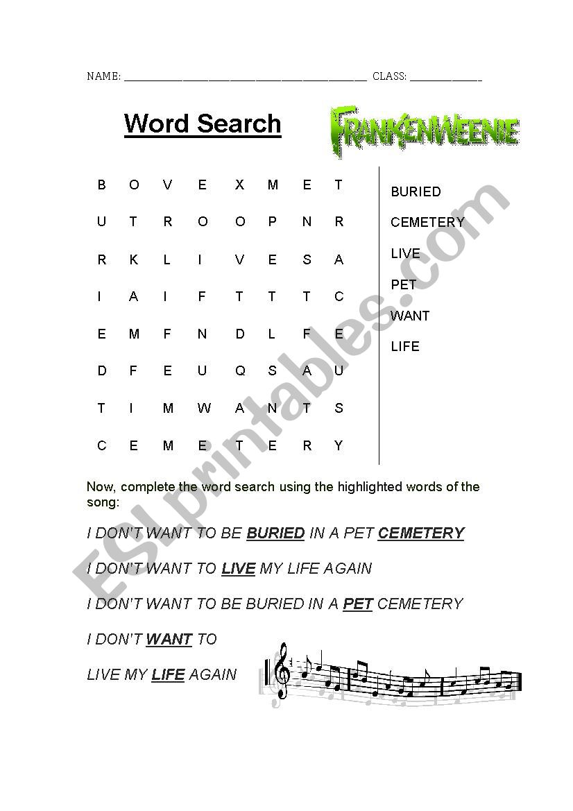 Frankenweenie word search  worksheet