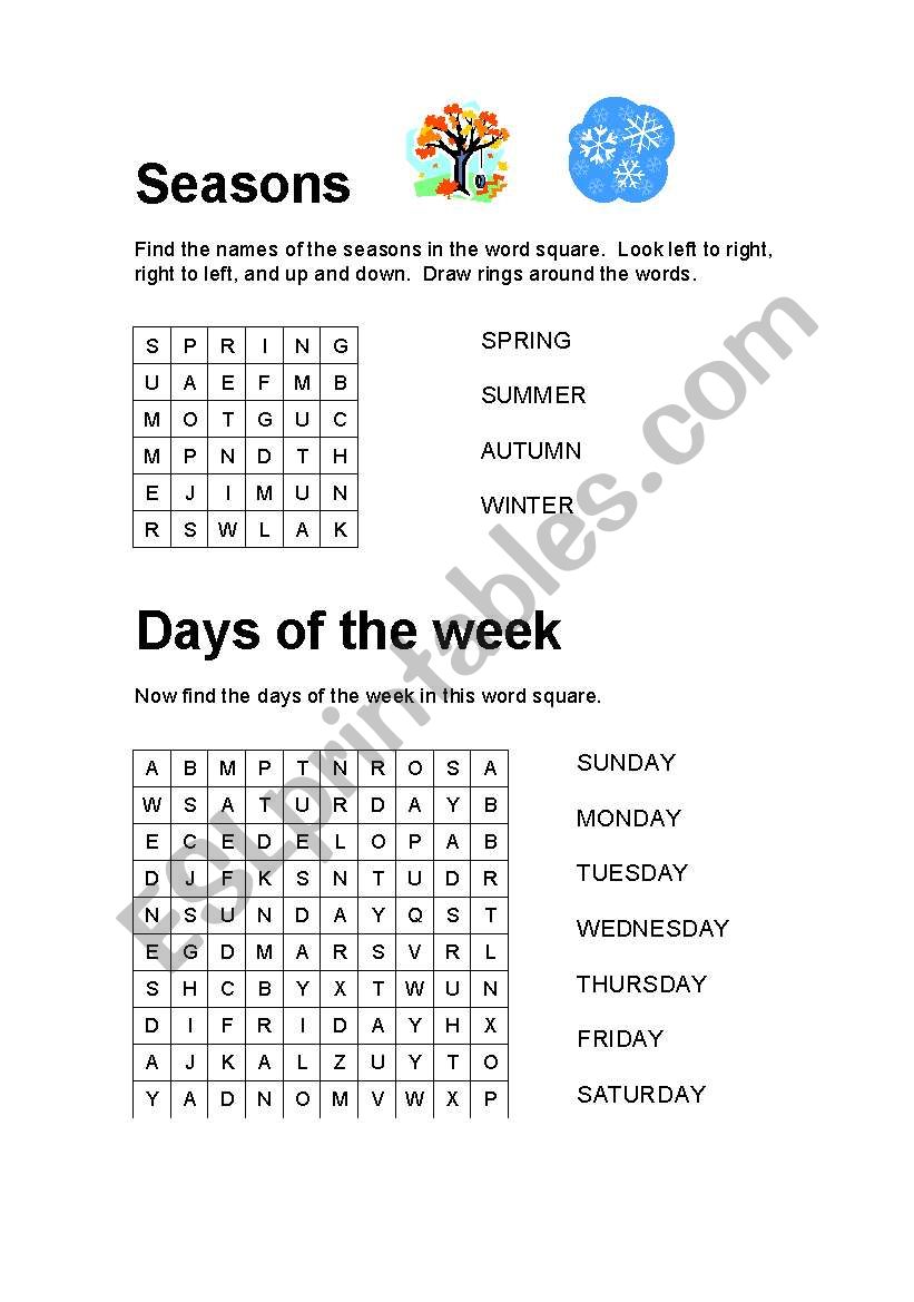 Review of seasons and days of the week