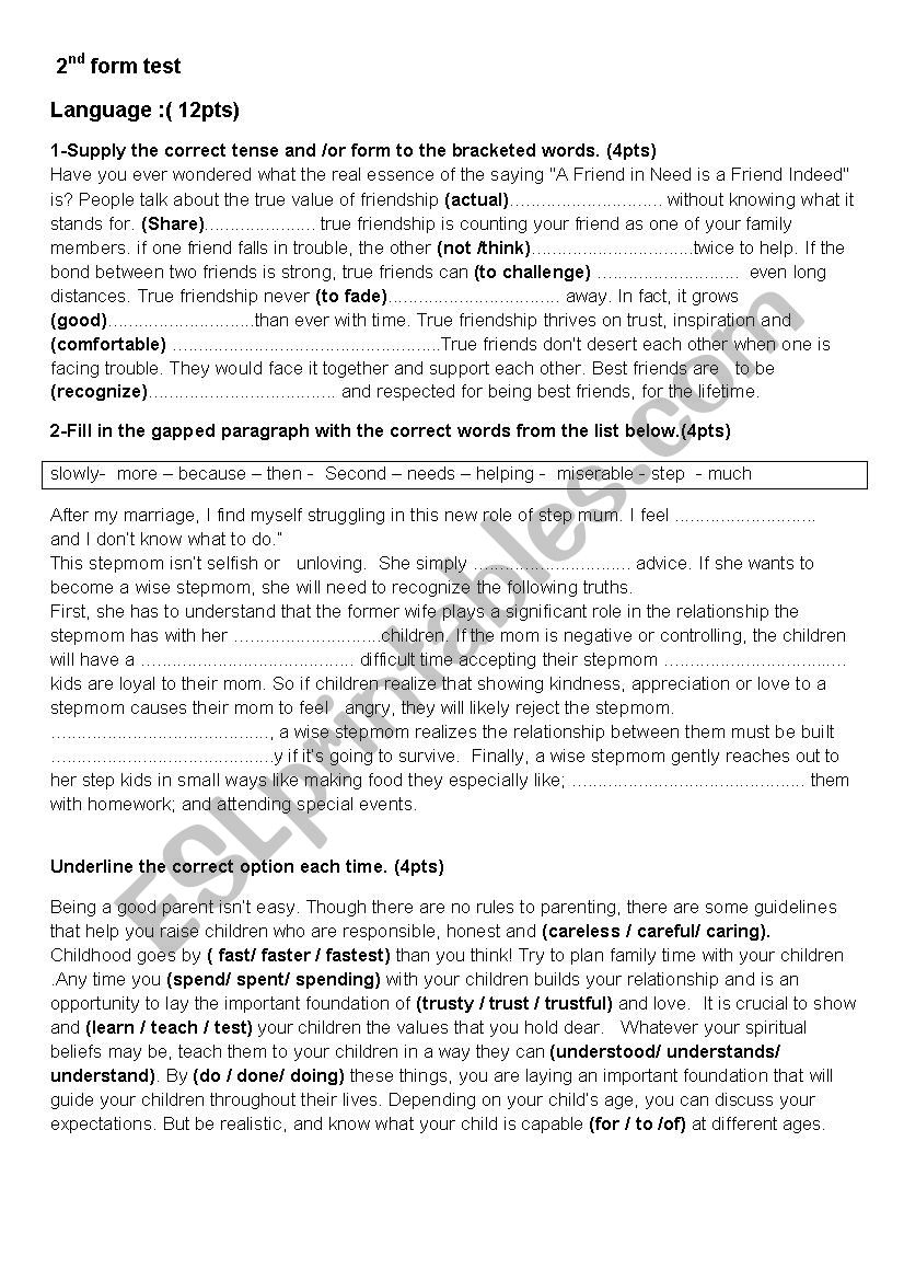 2nd form evaluation  test worksheet