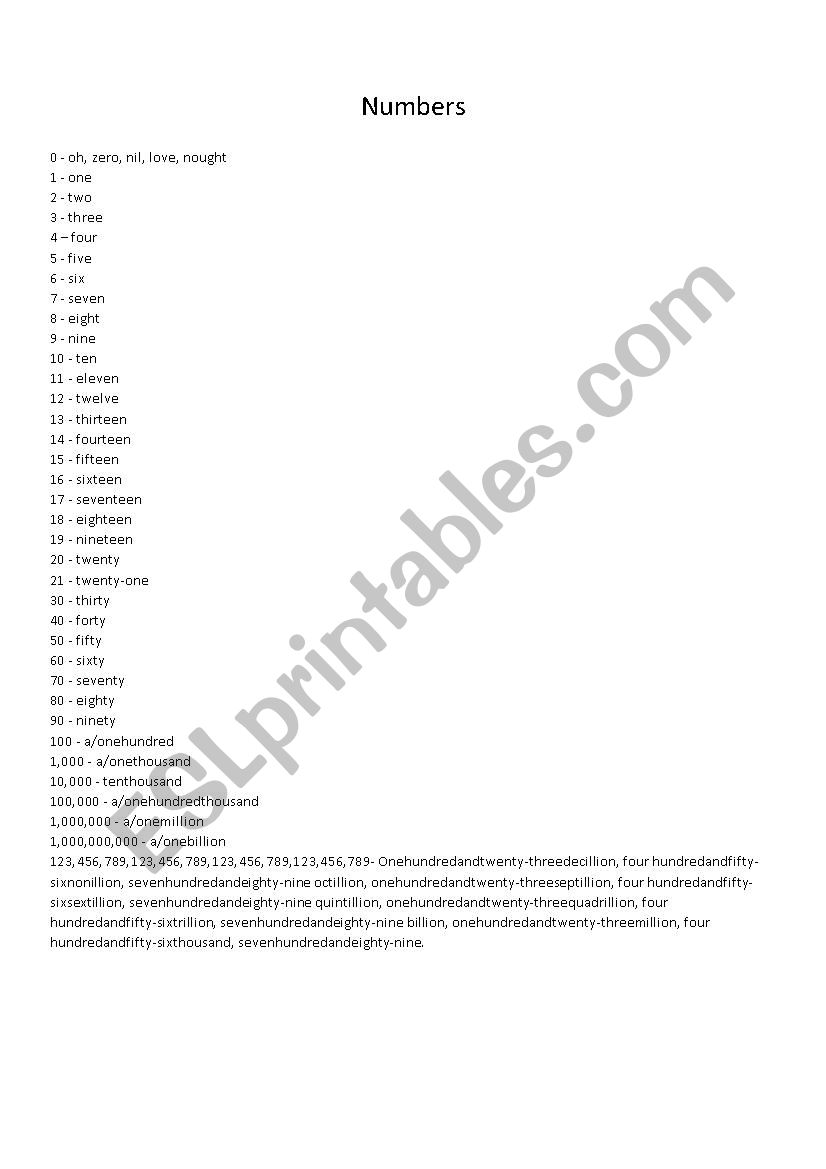 Numbers worksheet