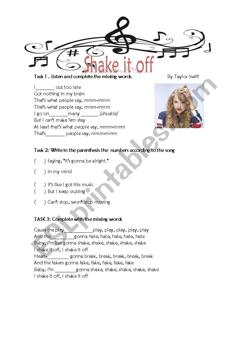 Shake it off worksheet