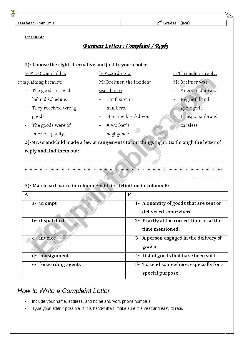 lesson E4 business letter complaint 