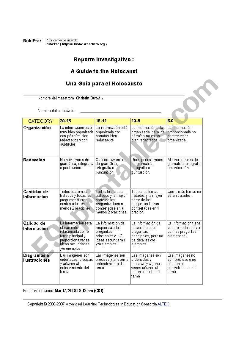 Rubric for Holocaust Project  worksheet