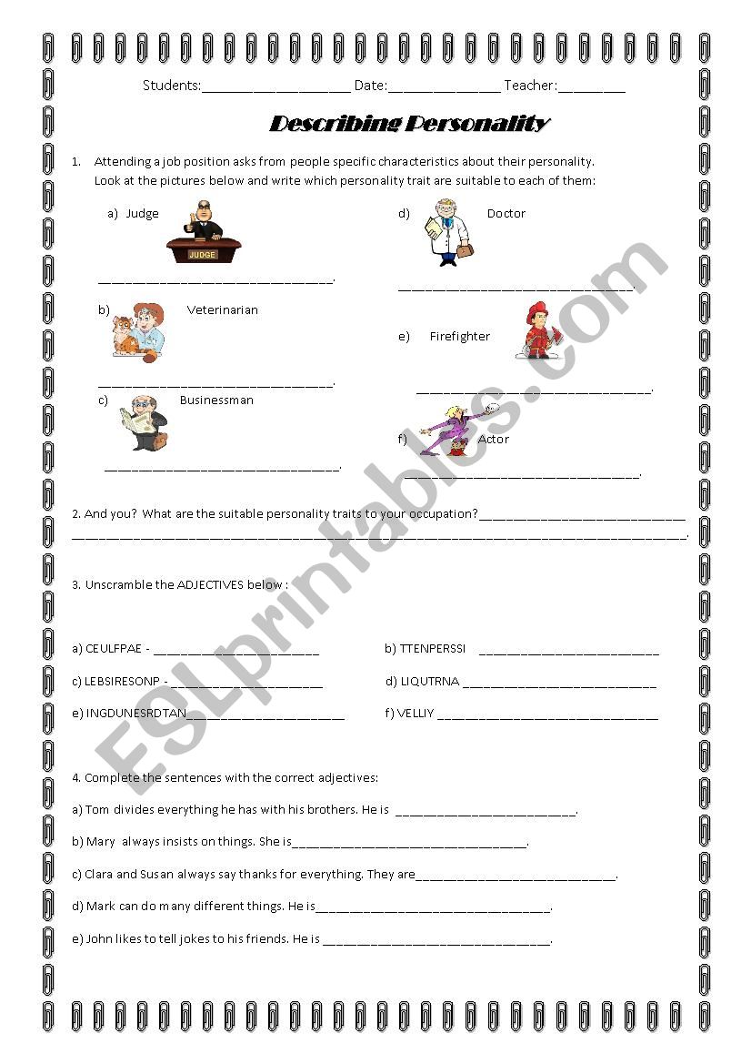 Personality Adjectives worksheet