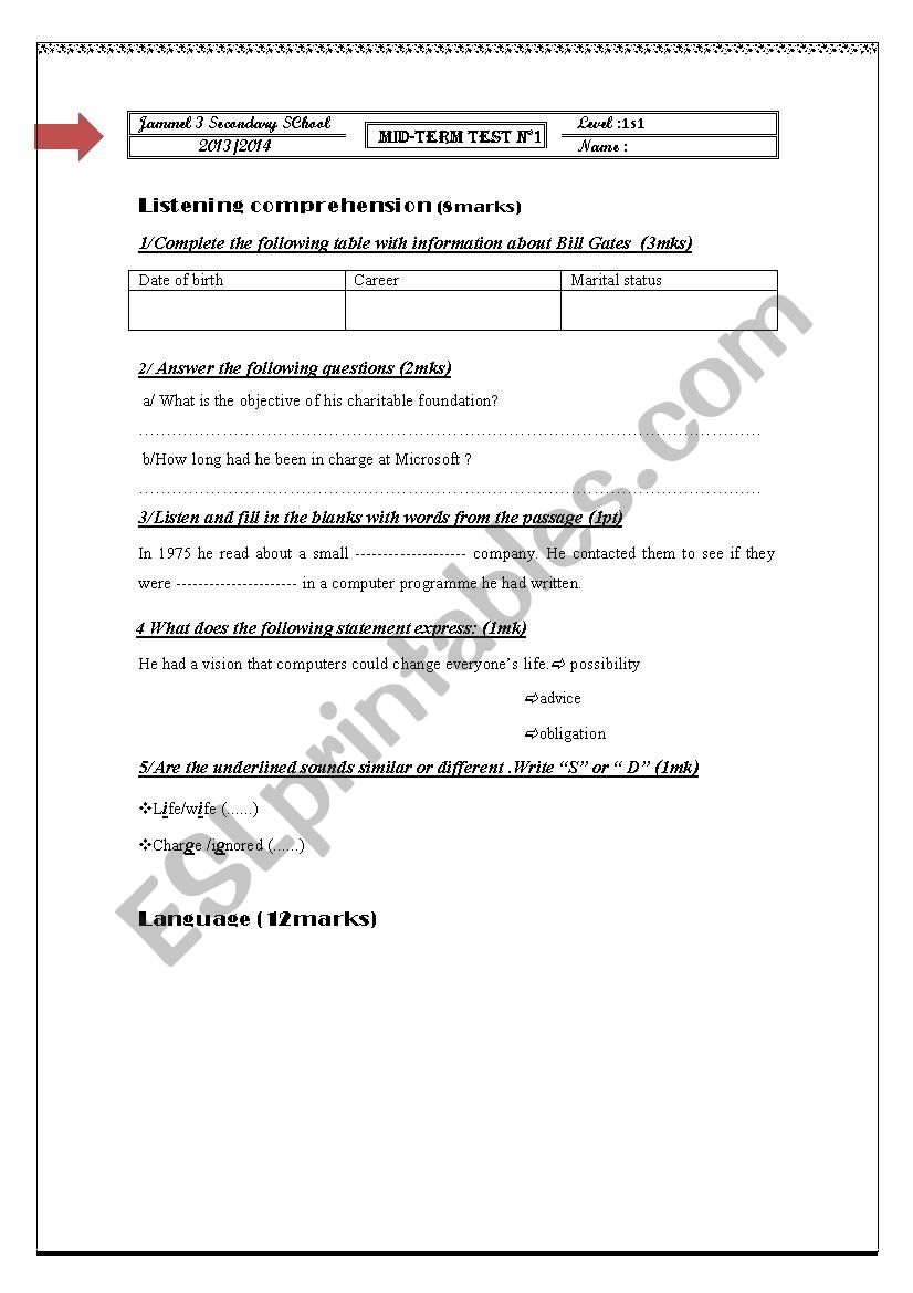 ENglish test NÂ°1 worksheet