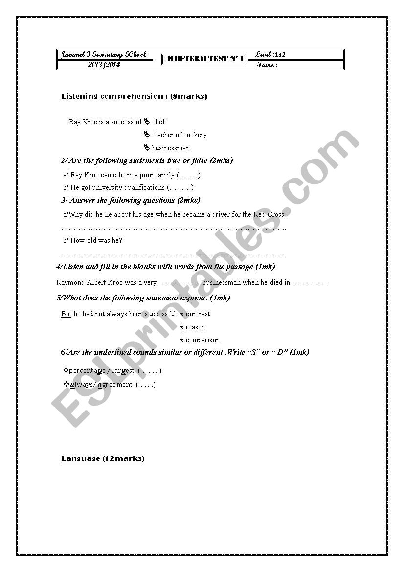 ENglish test N1 worksheet