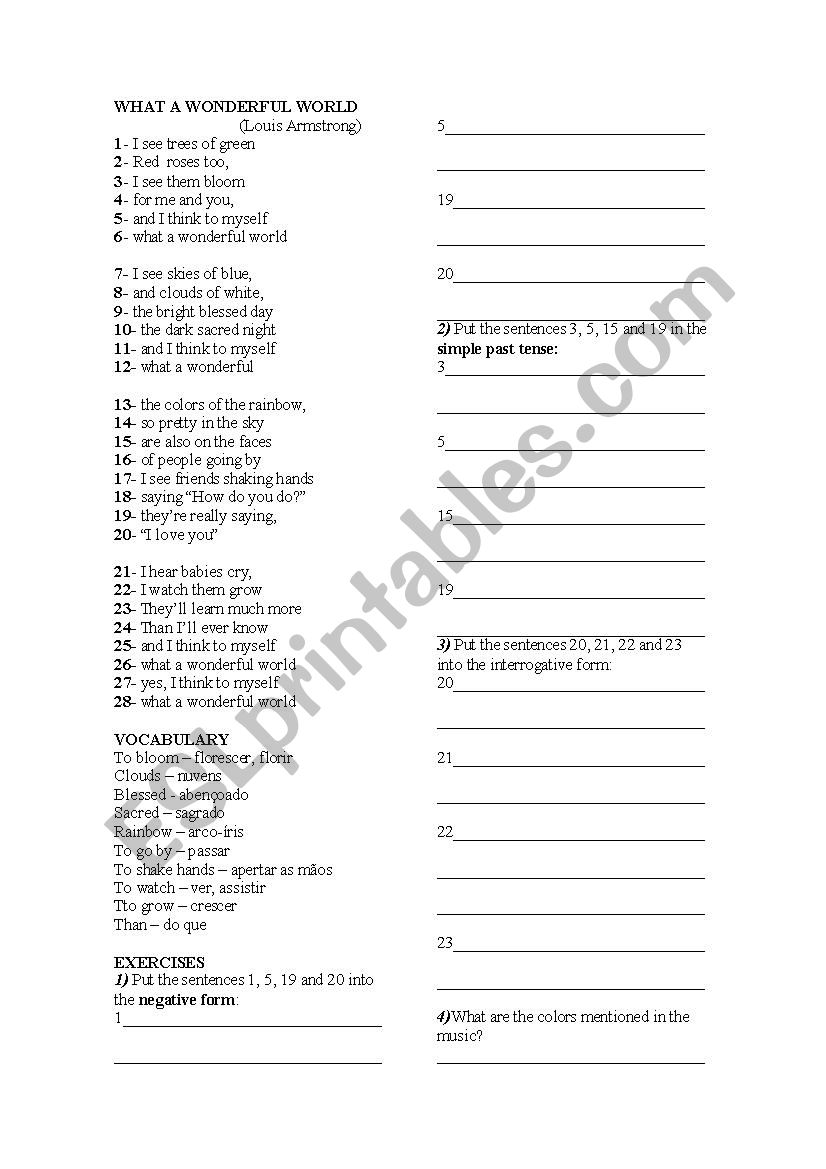 What a wonderful world worksheet