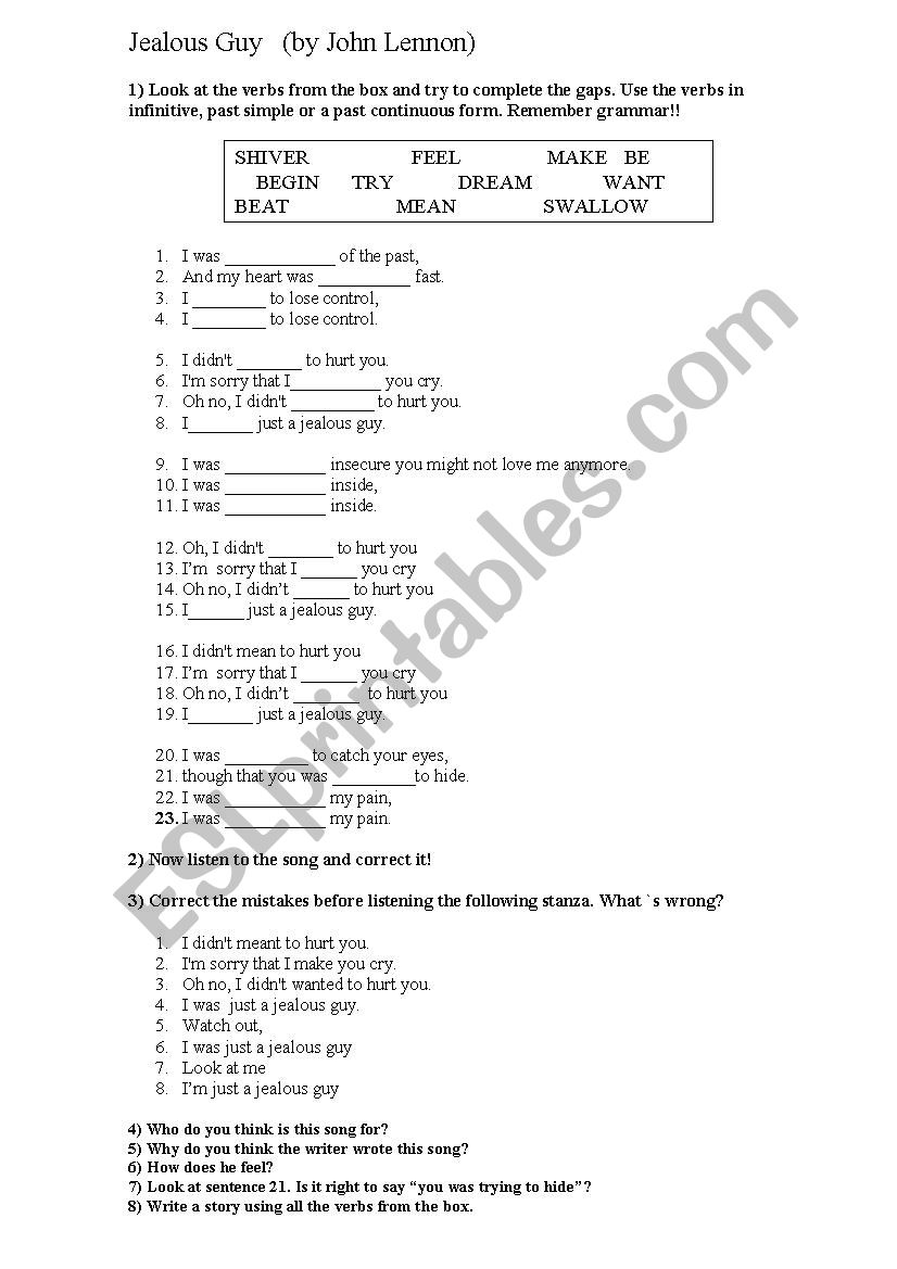 Jealous Guy by The Beatles worksheet