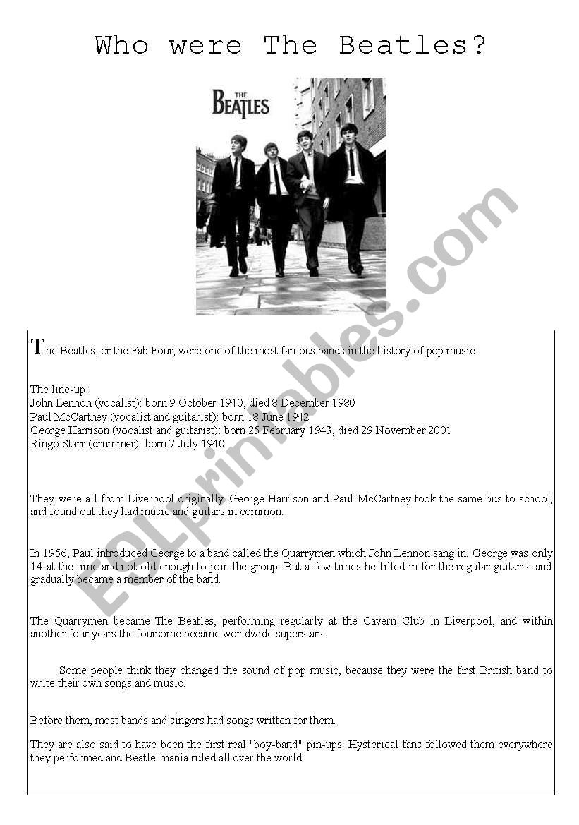 Who were the Beatles? worksheet