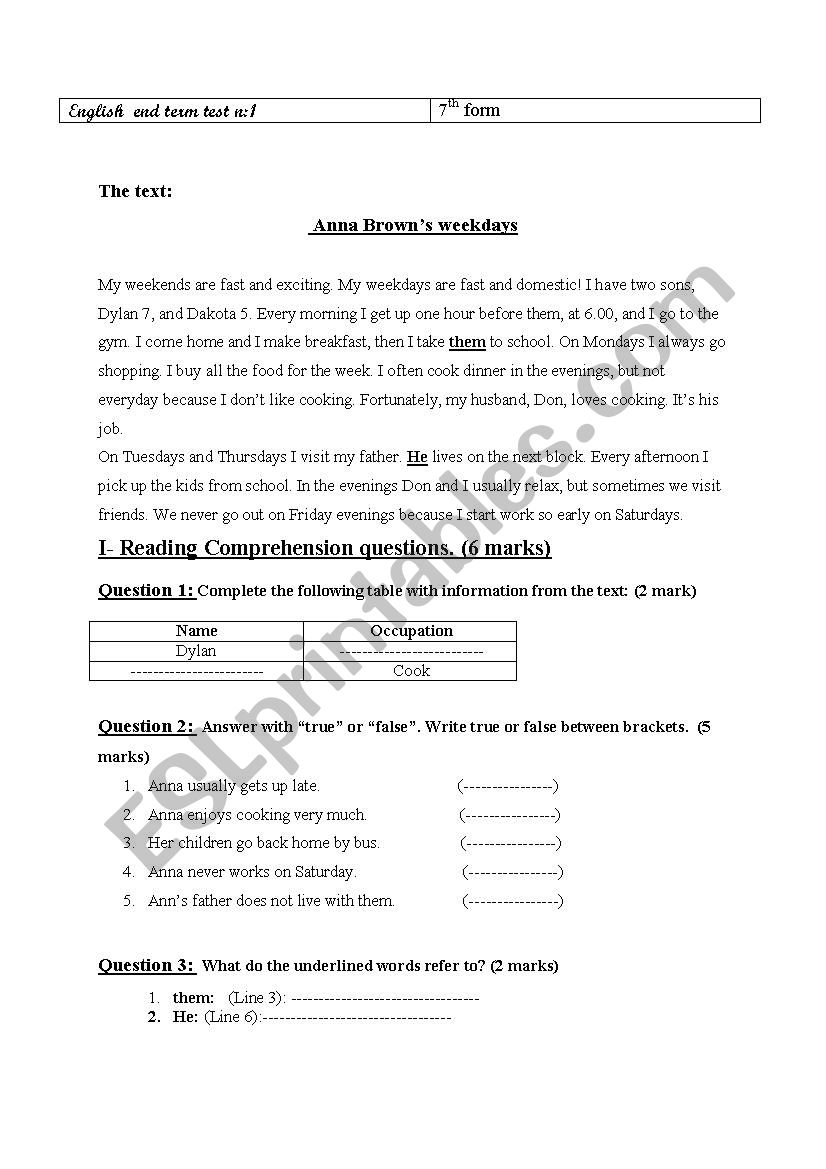 English end term test n:1 worksheet