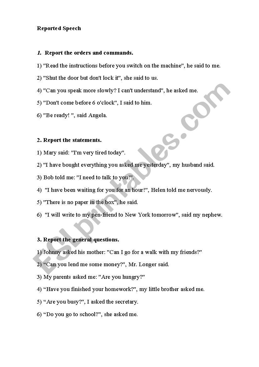 reperted speech worksheet