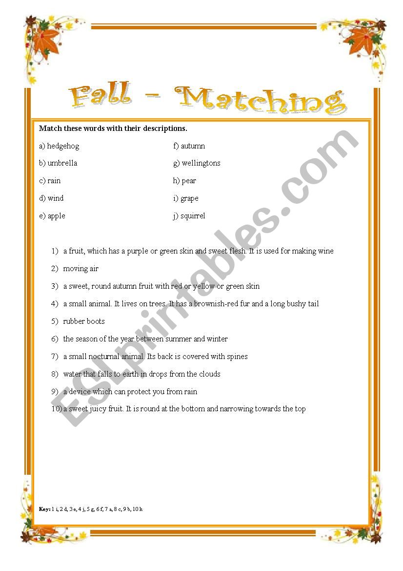 Fall - matching words and descriptions
